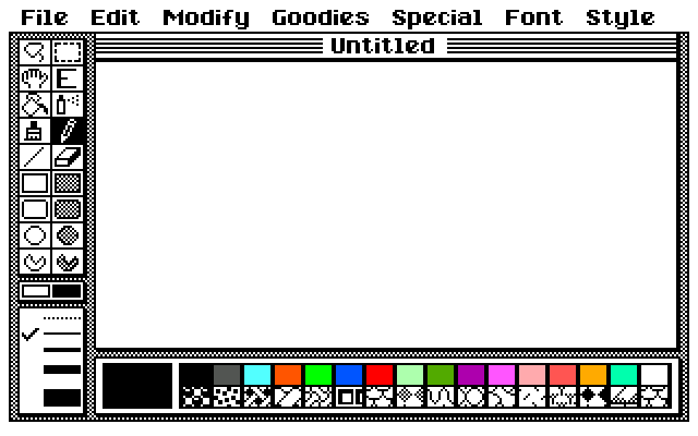 Color Max Deluxe’s MacPaint-style interface: menu bar, tool palette, blank canvas and color swatches