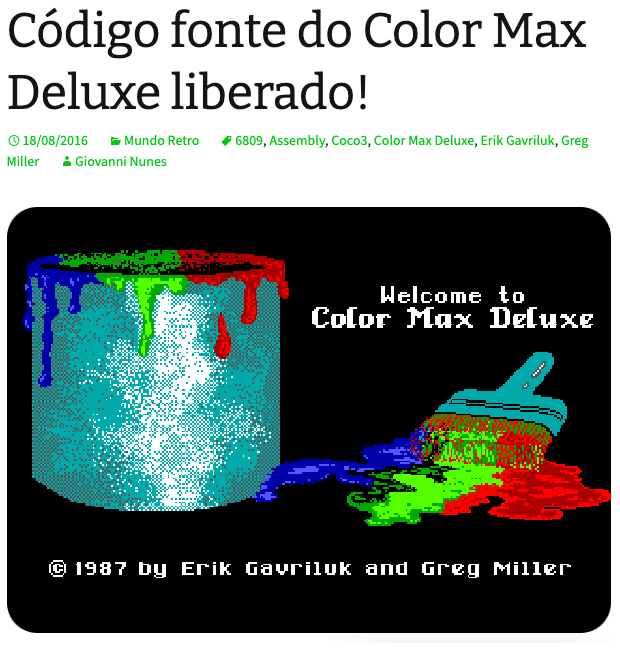 Retropolis article in Portuguese announcing the Color Max Deluxe source code release, with the title screen