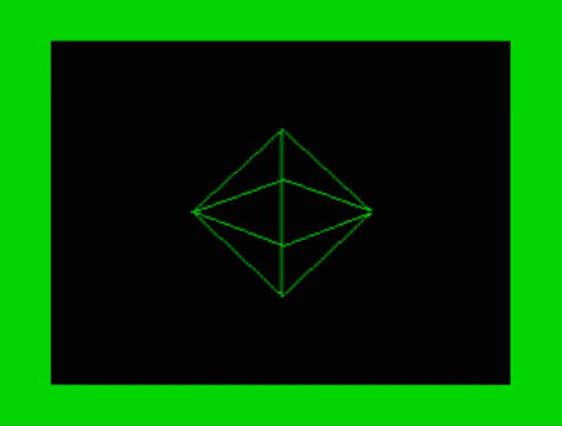 Green wireframe octahedron rotating on a black TRS-80 Color Computer screen with a green border