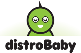 distroBaby logo, a smiling green cartoon baby