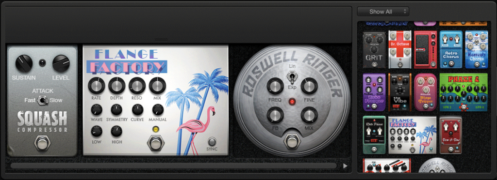 Screenshot of a macOS pedalboard of virtual guitar effects, with a Dr. Octave pedal in the browser