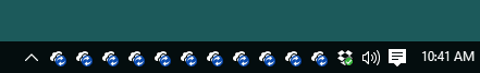 Windows taskbar crowded with eleven syncing OneDrive icons in the notification area