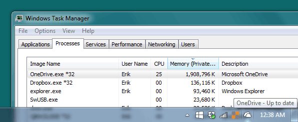 Windows Task Manager showing OneDrive at 25% CPU and 1.9 GB memory, against Dropbox’s 136 MB