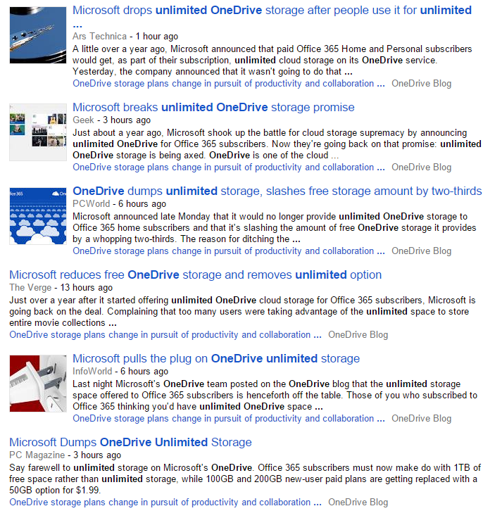 News search results: Ars Technica, The Verge, PCWorld and others report Microsoft dropping unlimited OneDrive storage