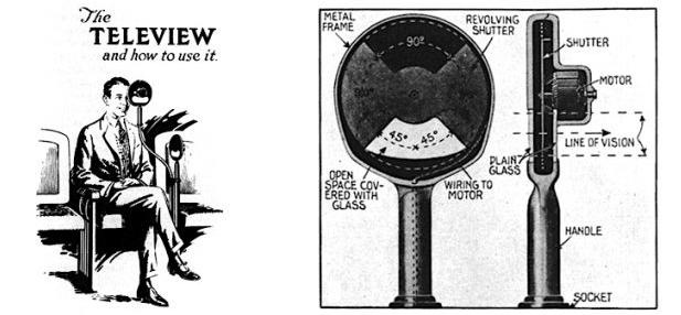1920s drawing of a man seated at a Teleview viewer, beside a diagram of its motor-driven revolving shutter