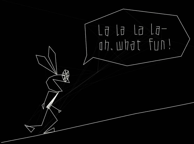 The same rabbit and speech balloon redrawn in smooth vector lines with faint glowing trails