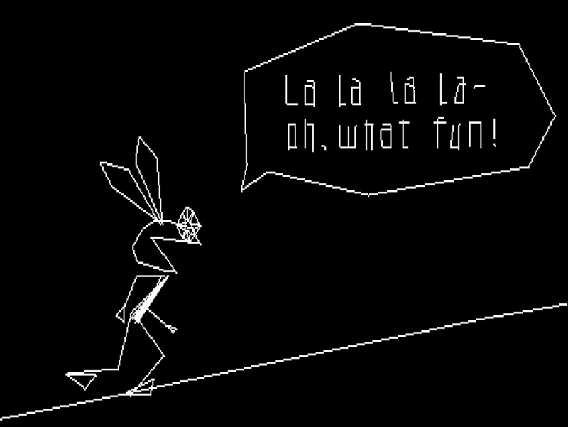 Jagged white line-drawn rabbit on a slope, speech balloon reading La la la la – oh, what fun!